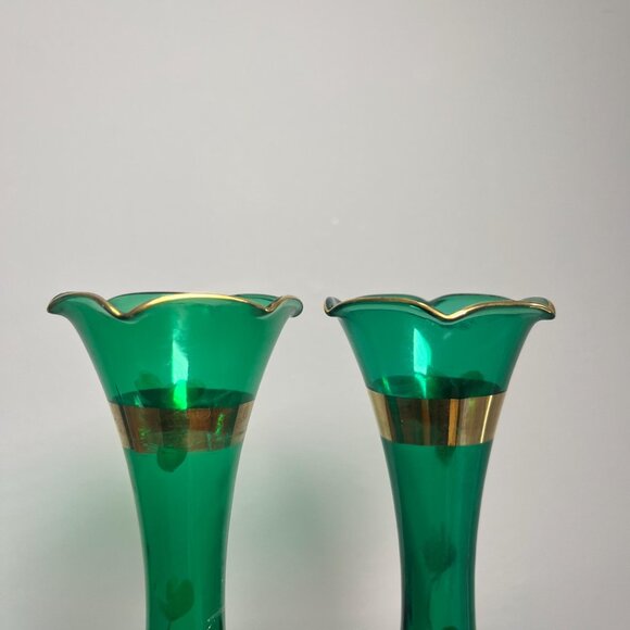 VTG Pair Czech Bohemian Green Vase Hand painted Hand blown 22k Gold Accents 8" - Picture 6 of 10